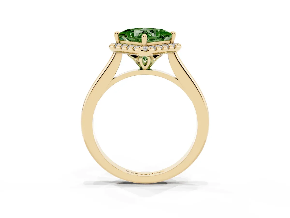 Fancy Green Princess Cut Halo Round Diamond Solitaire Engagement Ring with Pave Band and Four-Prong Setting Yellow gold