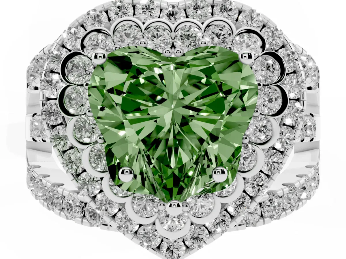 Fancy Green Heart Cut Diamond Double Halo Ring with Round Pavé Split Shank and Prong Setting Silver
