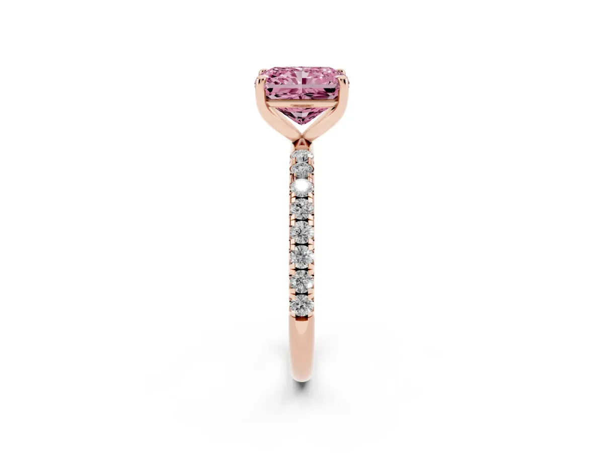Fancy Pink Radiant Cut Cut Diamond Solitaire Ring with Micro Pave Band and Four Prong Setting Rose gold