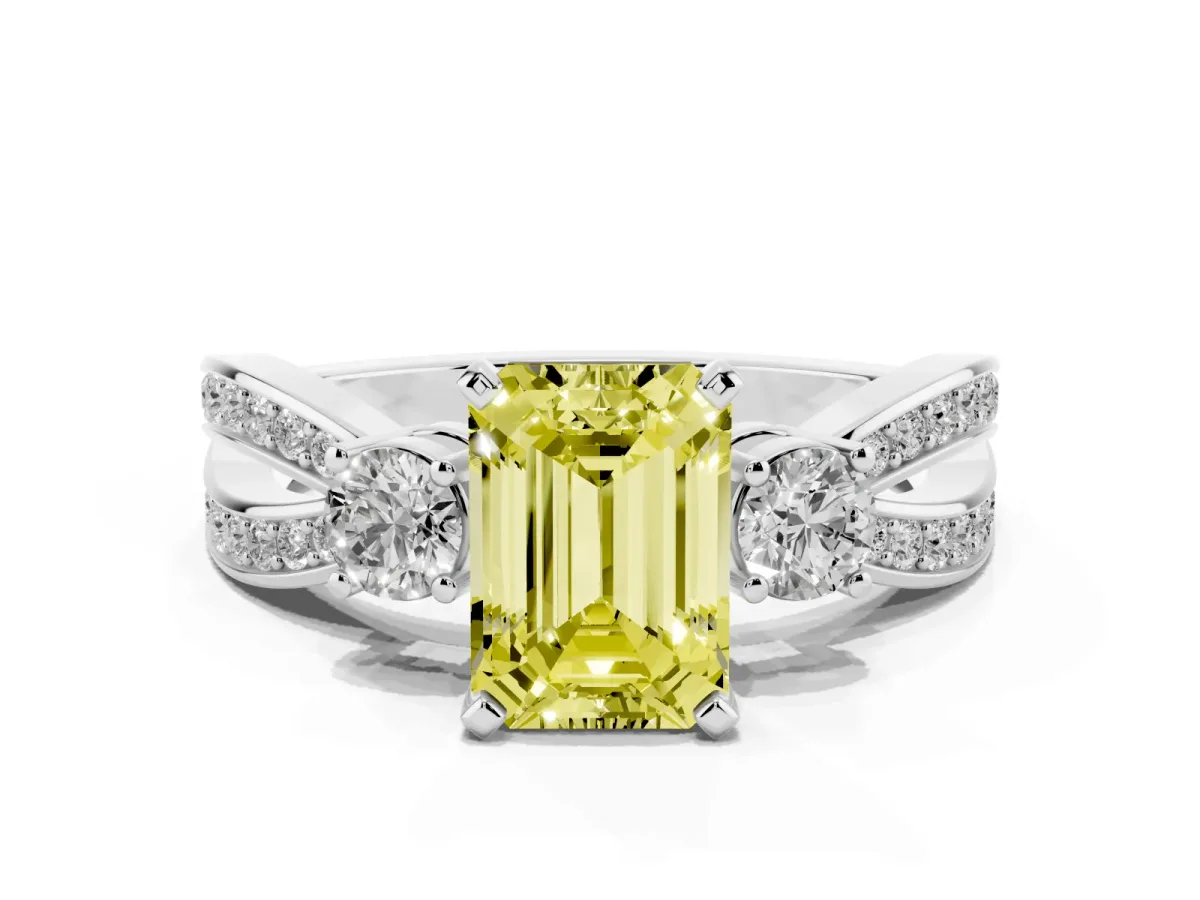 Fancy Yellow Three-Stone Emerald Cut Cut Diamond Twist Band with Prong Setting Platinum