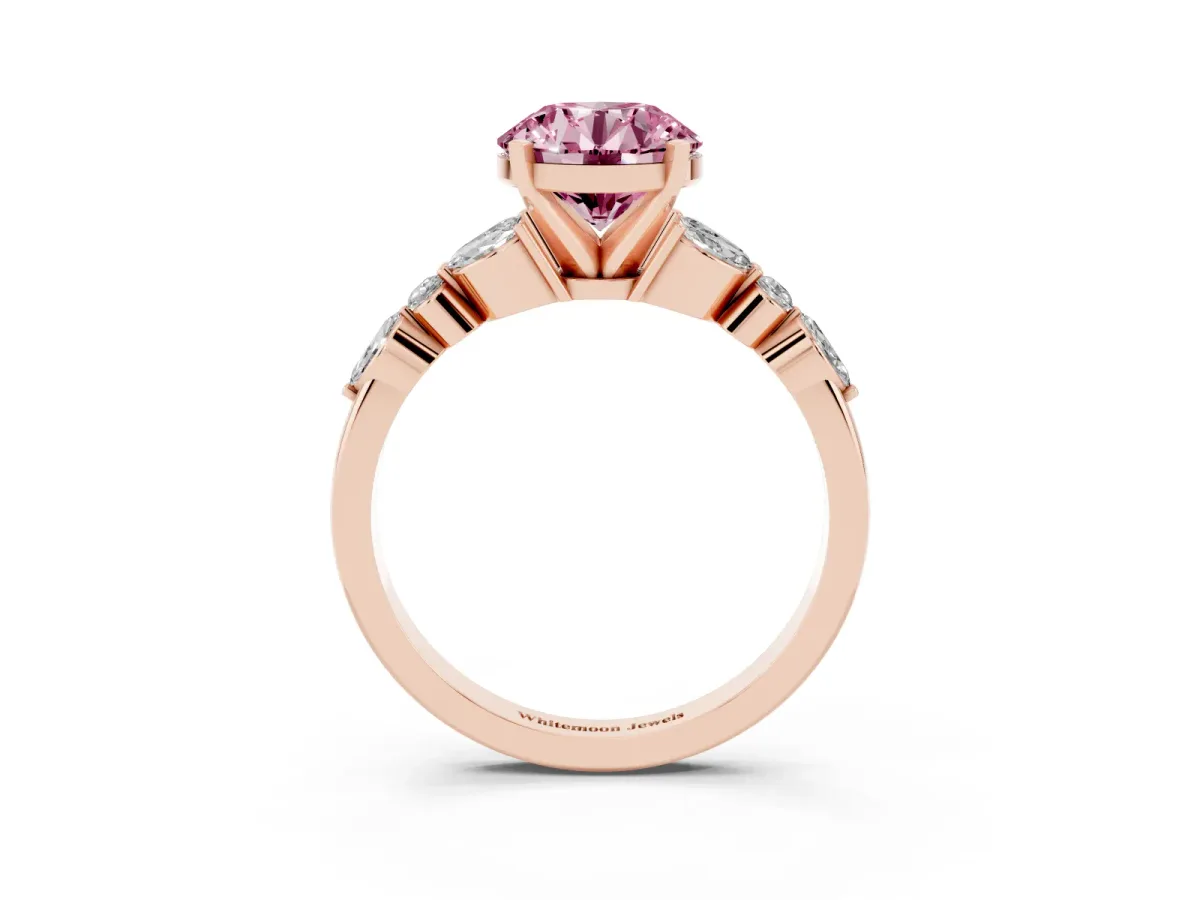 Fancy Pink Round Cut Diamond Solitaire Ring with Side Stones and Four-Prong Setting Rose gold