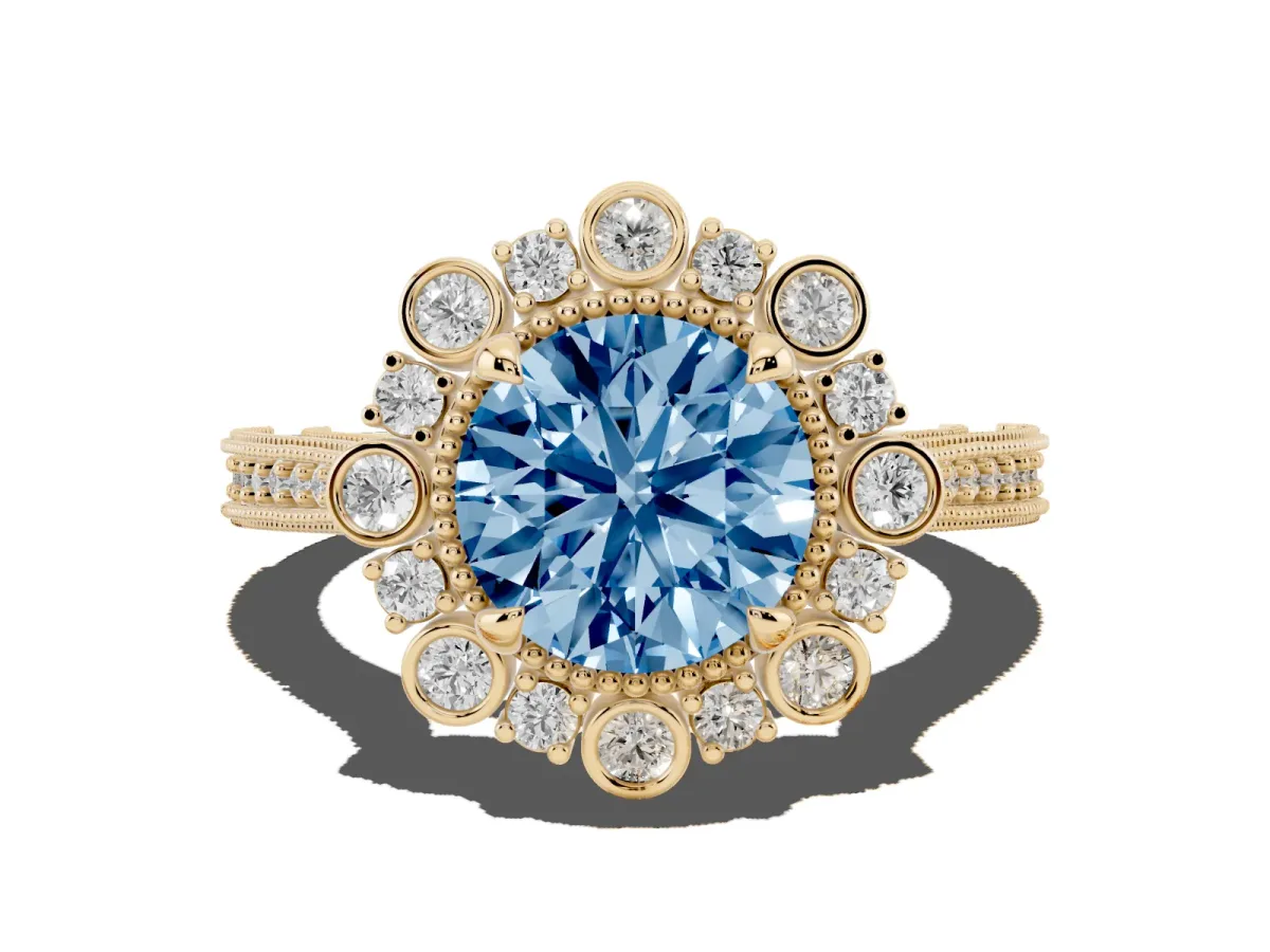 Fancy Blue Round Cut Halo Milgrain Pave Diamond Ring with Four-Prong Setting Yellow gold