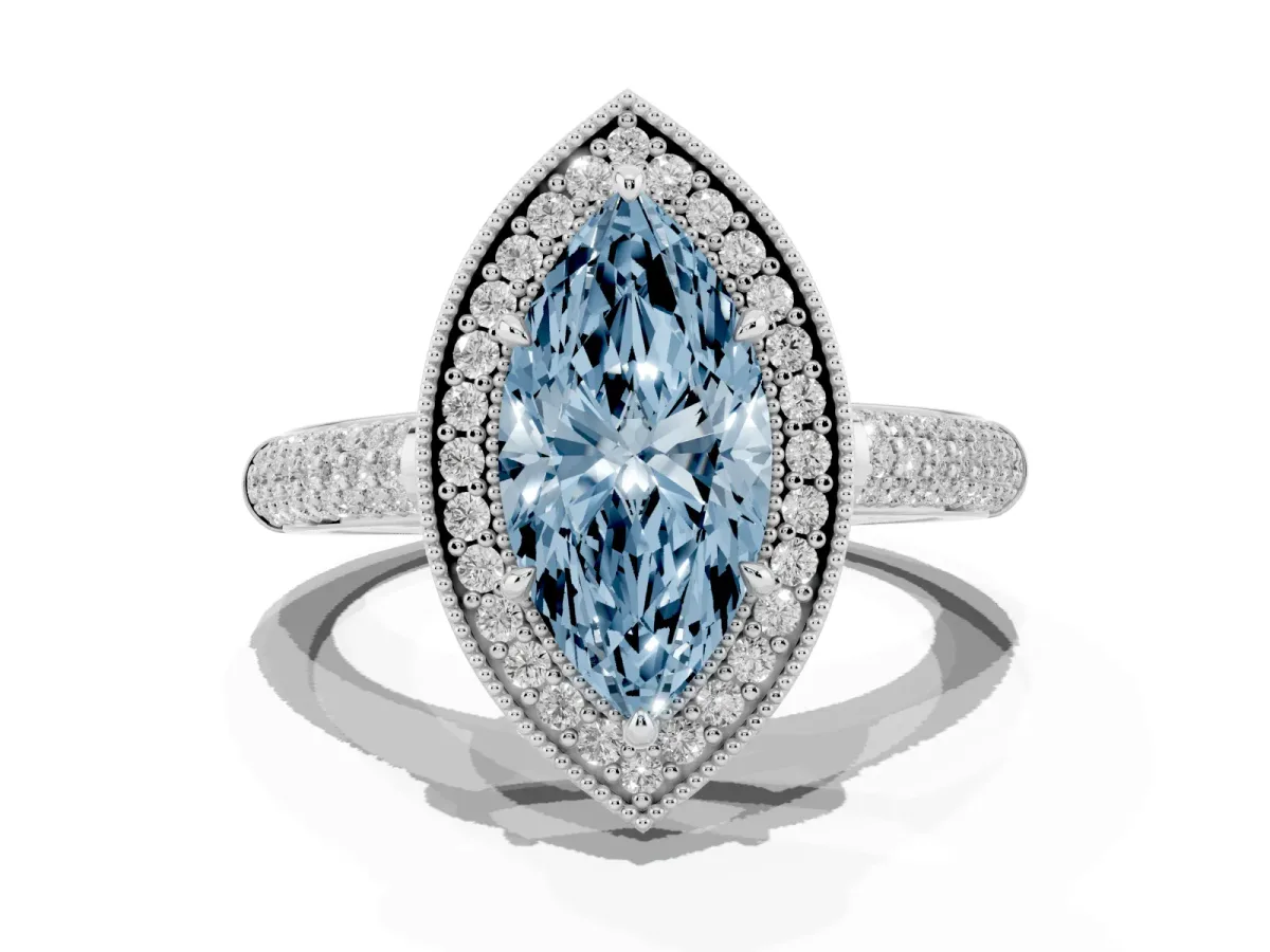 Fancy Blue Marquise Cut Cut Halo Diamond Pave Band with Four-Prong Setting Silver