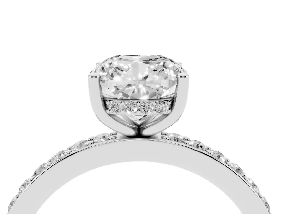 Cushion Cut Cut Diamond Pavé Band Ring with Four-Prong Setting Silver