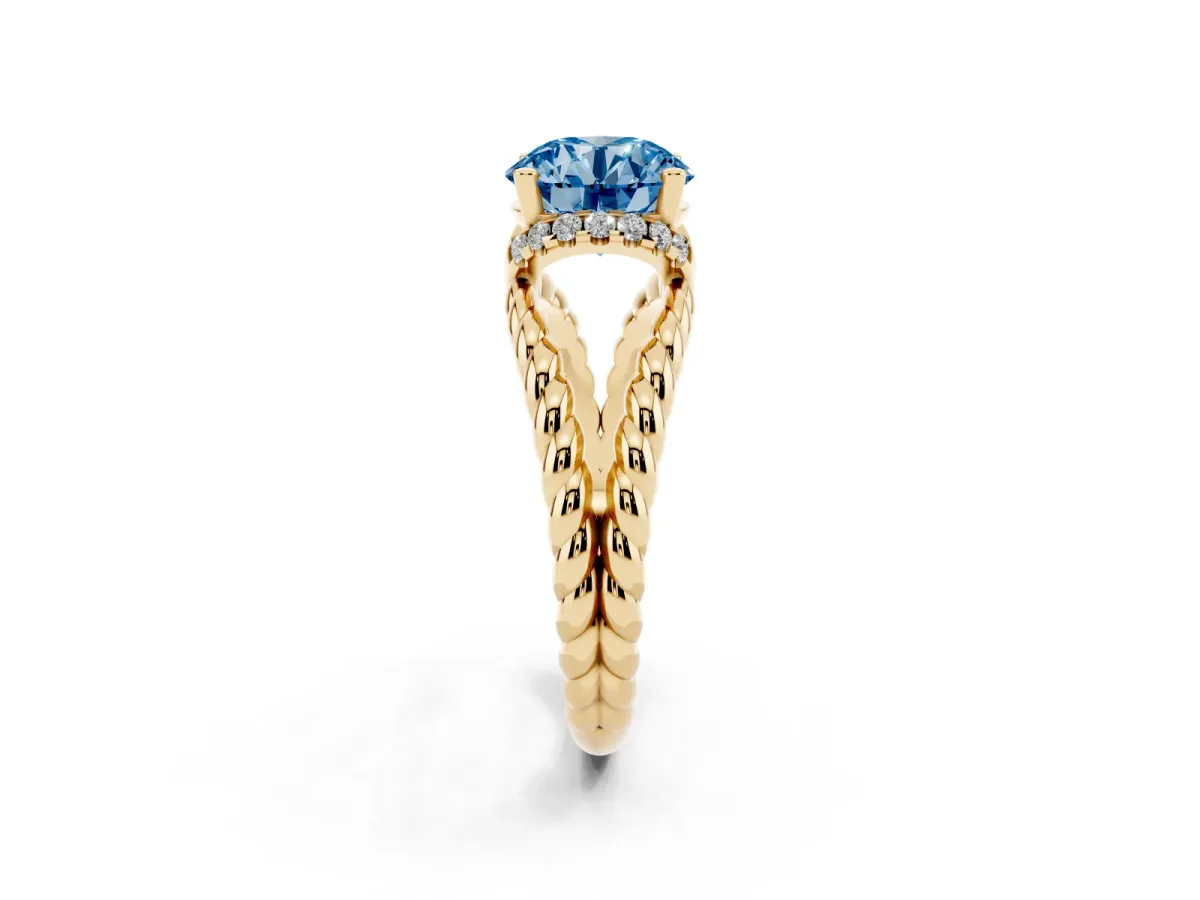 Fancy Blue Round Cut Halo Twisted Band Four-Prong Ring Yellow gold