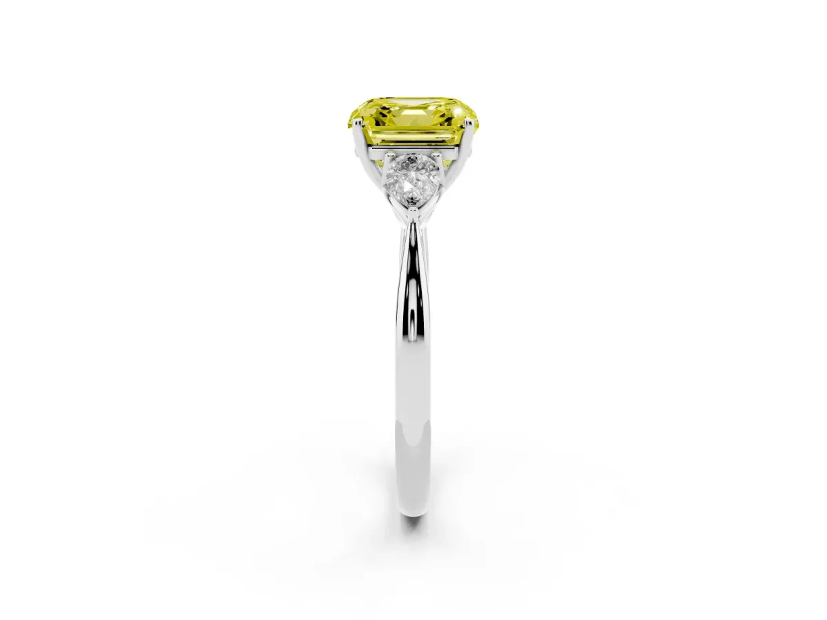 Fancy Yellow Three-Stone Asscher Cut Brilliant Diamond Solitaire Ring with Tapered Band and Four-Prong Setting Platinum