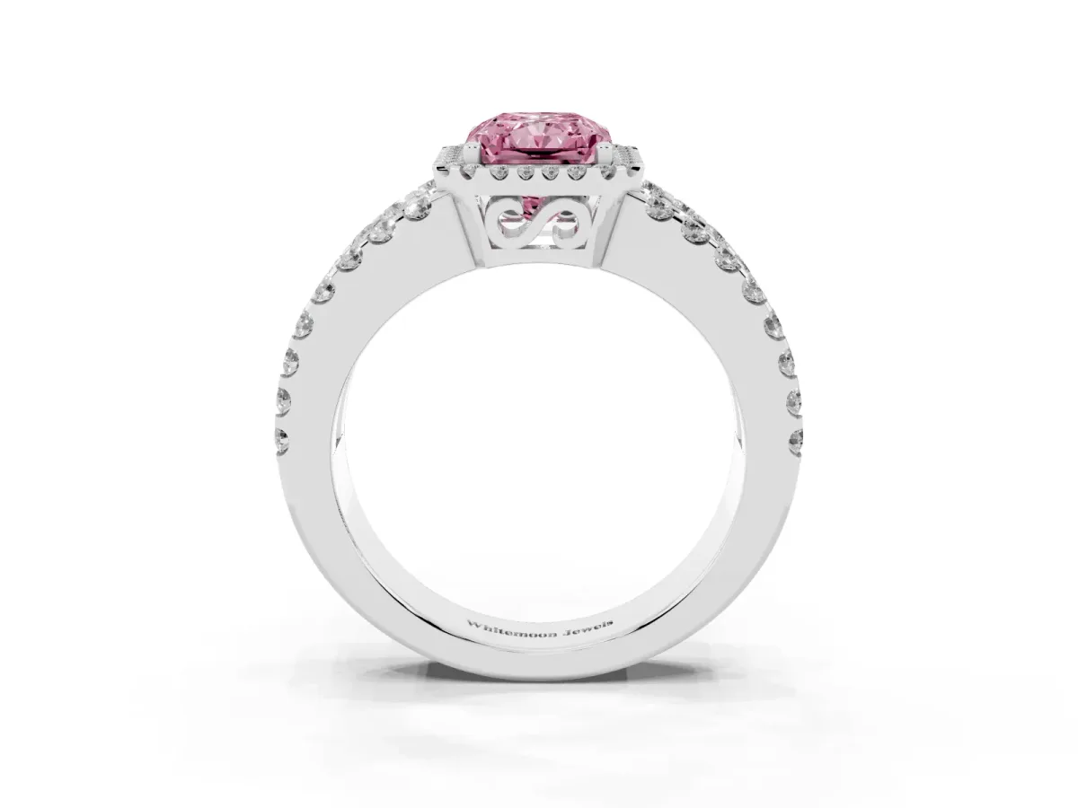 Fancy Pink Radiant Cut Cut Halo Split Shank Diamond Ring with Four-Prong Setting Silver