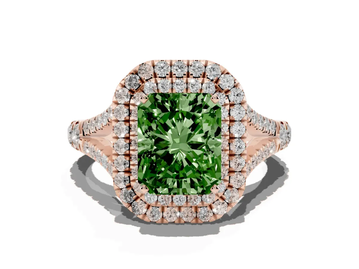 Fancy Green Radiant Cut Cut Double Halo Split Shank Diamond Ring with Prong Setting Rose gold