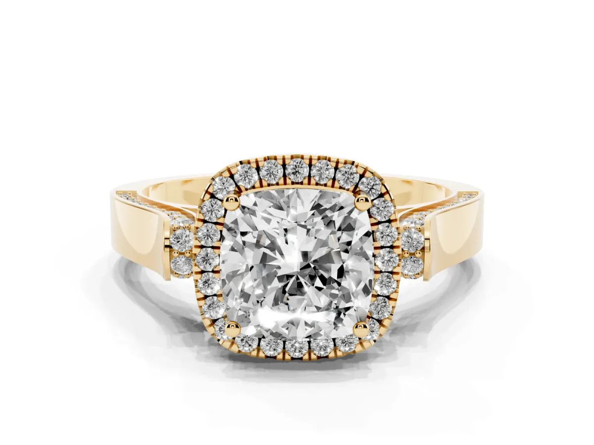Cushion Cut Halo Pave Split Shank Prong Setting Ring Yellow gold