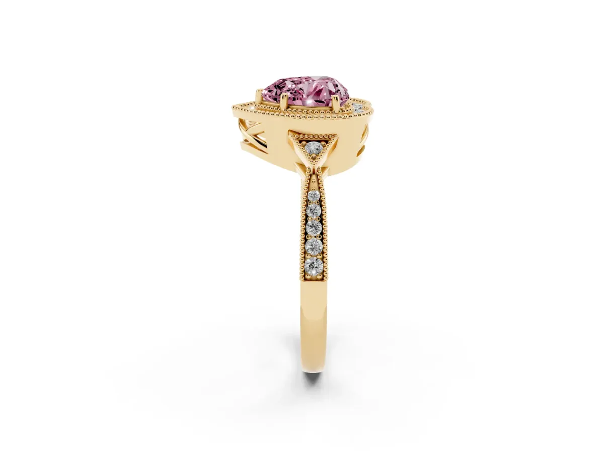 Fancy Pink Heart Cut Halo Round Diamond Milgrain Pave Engagement Ring Yellow gold