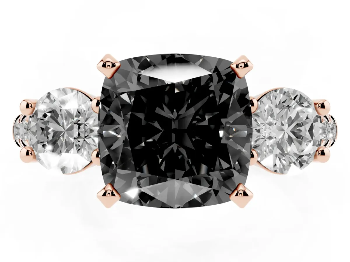 Fancy Black Three-Stone Cushion Cut Diamond Pavé Band with Four-Prong Setting Rose gold
