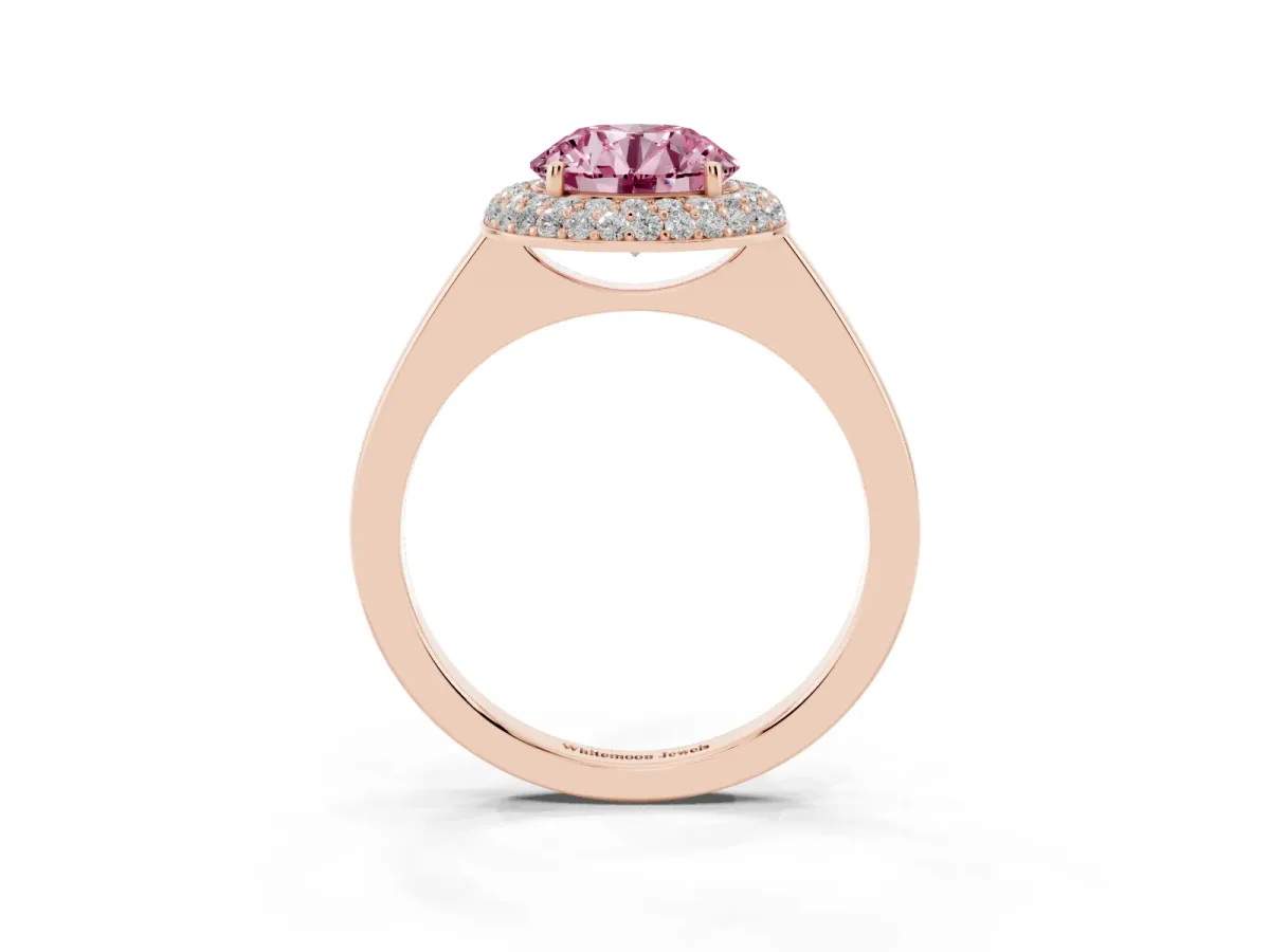 Fancy Pink Round Cut Halo Diamond Engagement Ring with Solitaire Band and Four-Prong Setting Rose gold