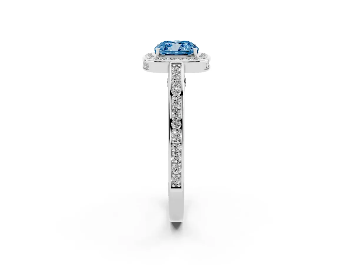 Fancy Blue Cushion Cut Cut Halo Pave Split Shank Prong Setting Ring Platinum