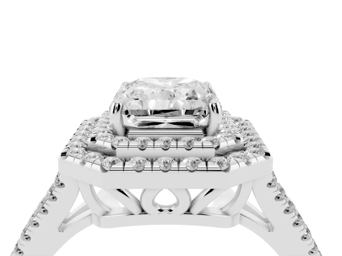 Radiant Cut Diamond Double Halo Ring with Pavé Band and Prong Setting Silver