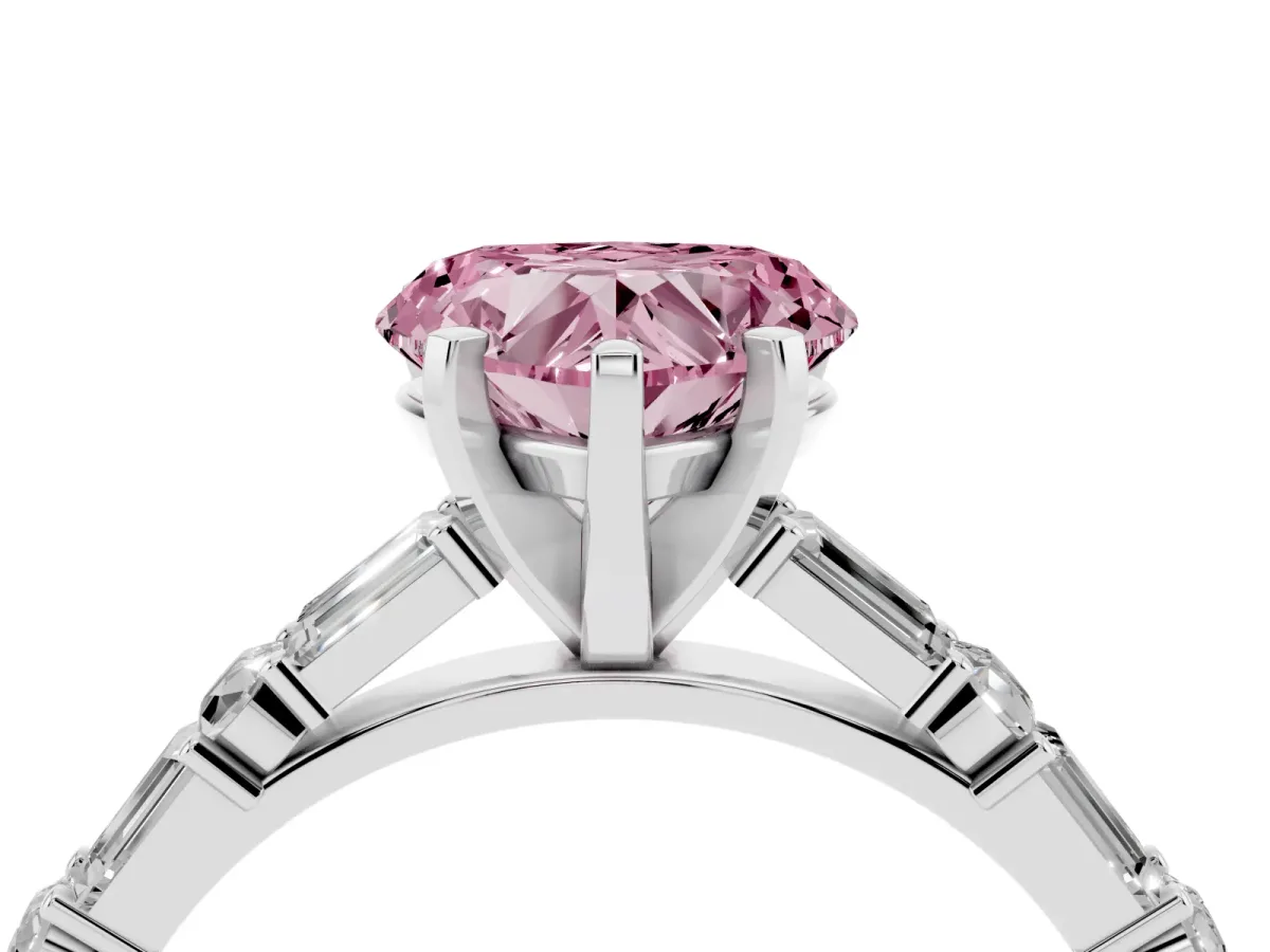 Fancy Pink Heart Cut Diamond Solitaire with Side Baguettes and Channel Set Band Platinum