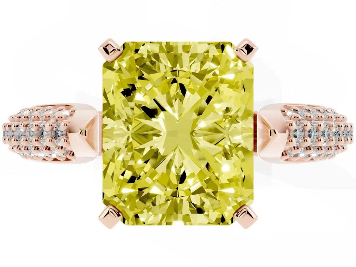 Fancy Yellow Radiant Cut Diamond Solitaire Engagement Ring with Multi-Row Round Pavé Band and Prong Setting Rose gold