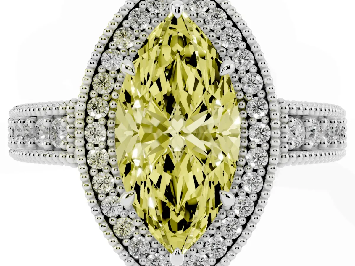 Fancy Yellow Marquise Cut Cut Halo Diamond Ring with Pavé Band and Four-Prong Setting White gold