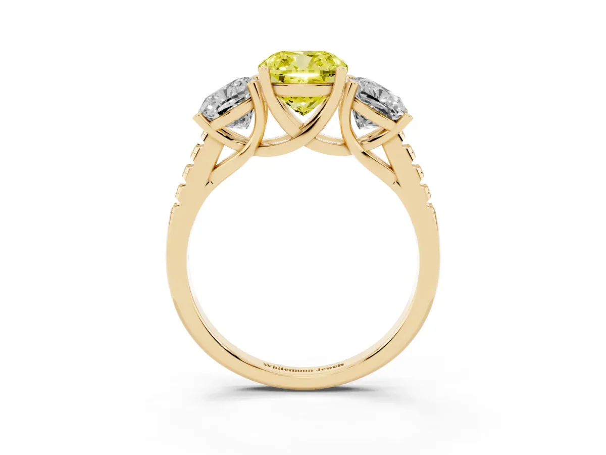 Fancy Yellow Three-Stone Cushion Cut Diamond Ring with Round Pavé Band and Prong Setting Yellow gold
