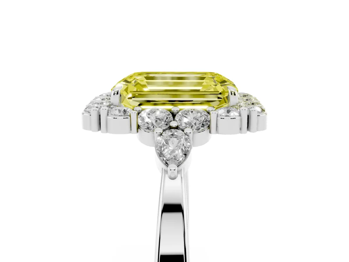 Fancy Yellow Emerald Cut Diamond Halo Ring with Pear Side Stones and Prong Setting Silver