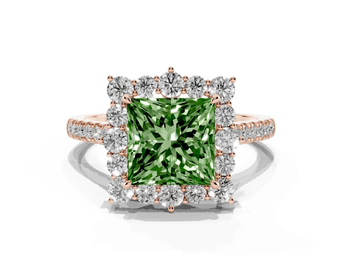 Fancy Green Princess Cut Halo Diamond Ring with Pavé Band and Prong Setting Rose gold