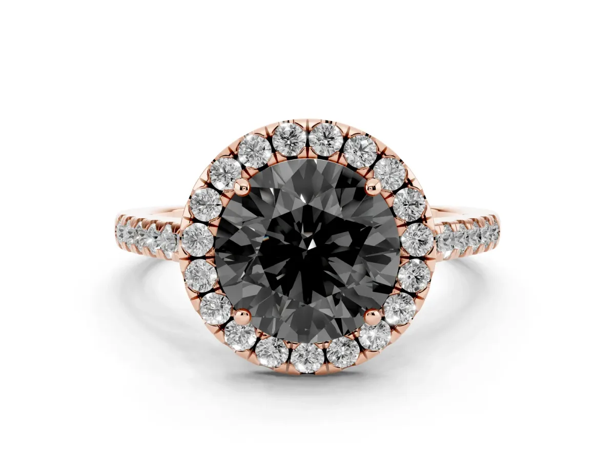 Fancy Black Round Cut Halo Pave Diamond Engagement Ring with Four-Prong Setting Rose gold
