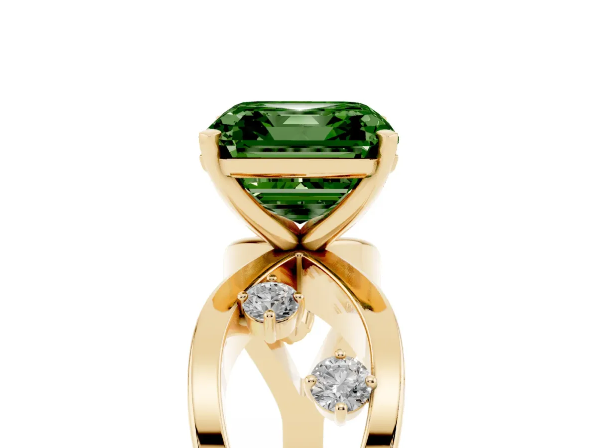 Fancy Green Asscher Cut Cut Solitaire Diamond with Side Stones on Criss-Cross Band and Four-Prong Setting Yellow gold