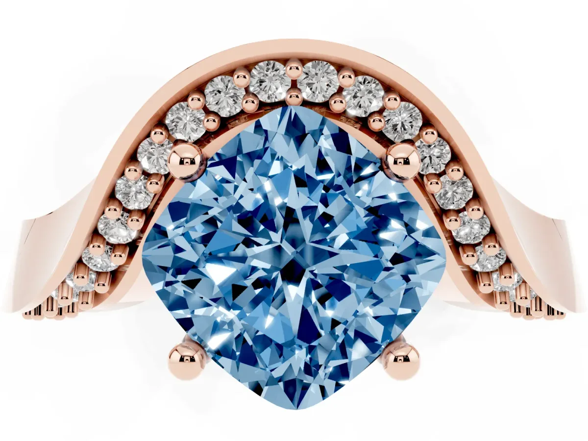 Fancy Blue Cushion Cut Solitaire Diamond Engagement Ring with Pave Band and Four-Prong Setting Rose gold