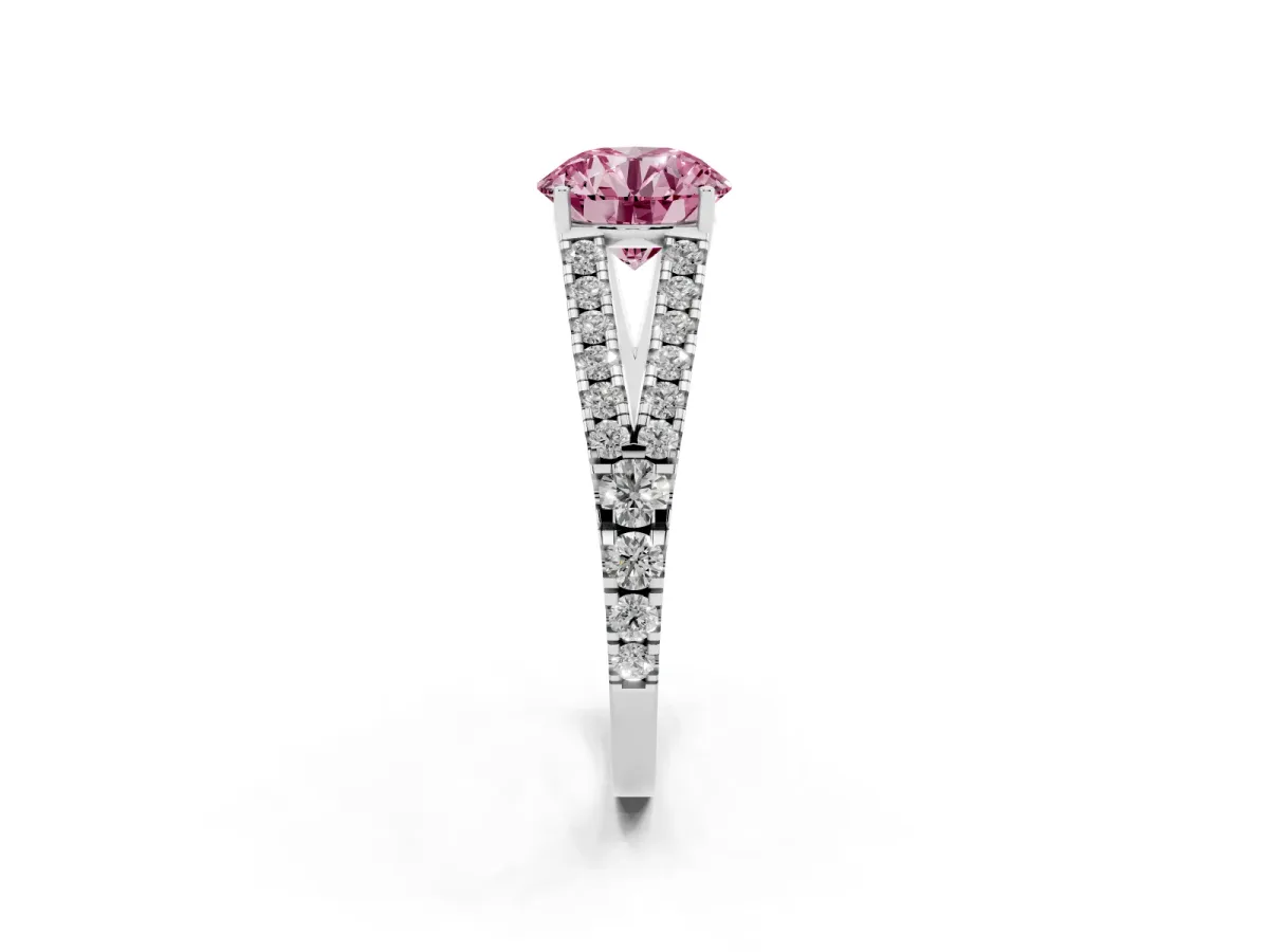 Fancy Pink Round Cut Diamond Split Shank Pavé Engagement Ring with Four-Prong Setting White gold
