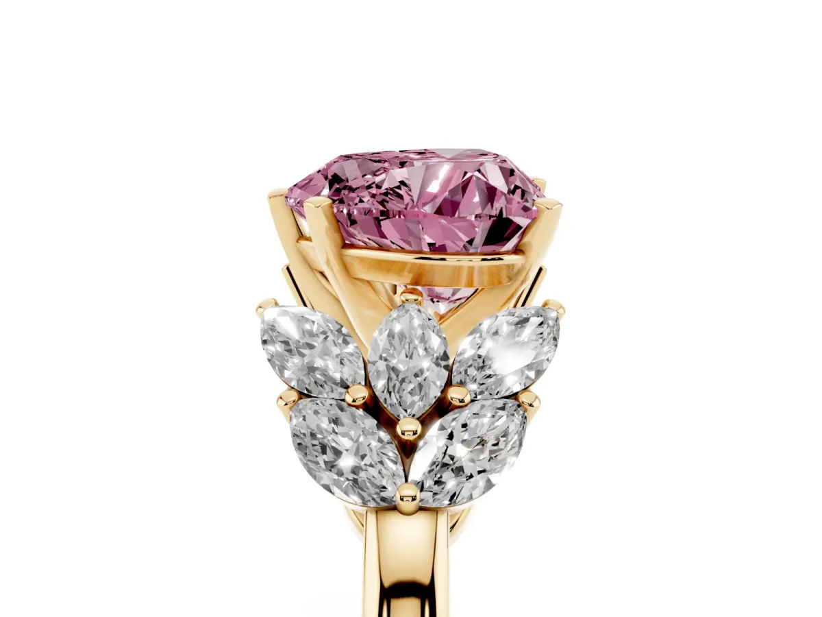 Fancy Pink Heart Cut Diamond Cluster Leaf Design Ring with Prong Setting Yellow gold