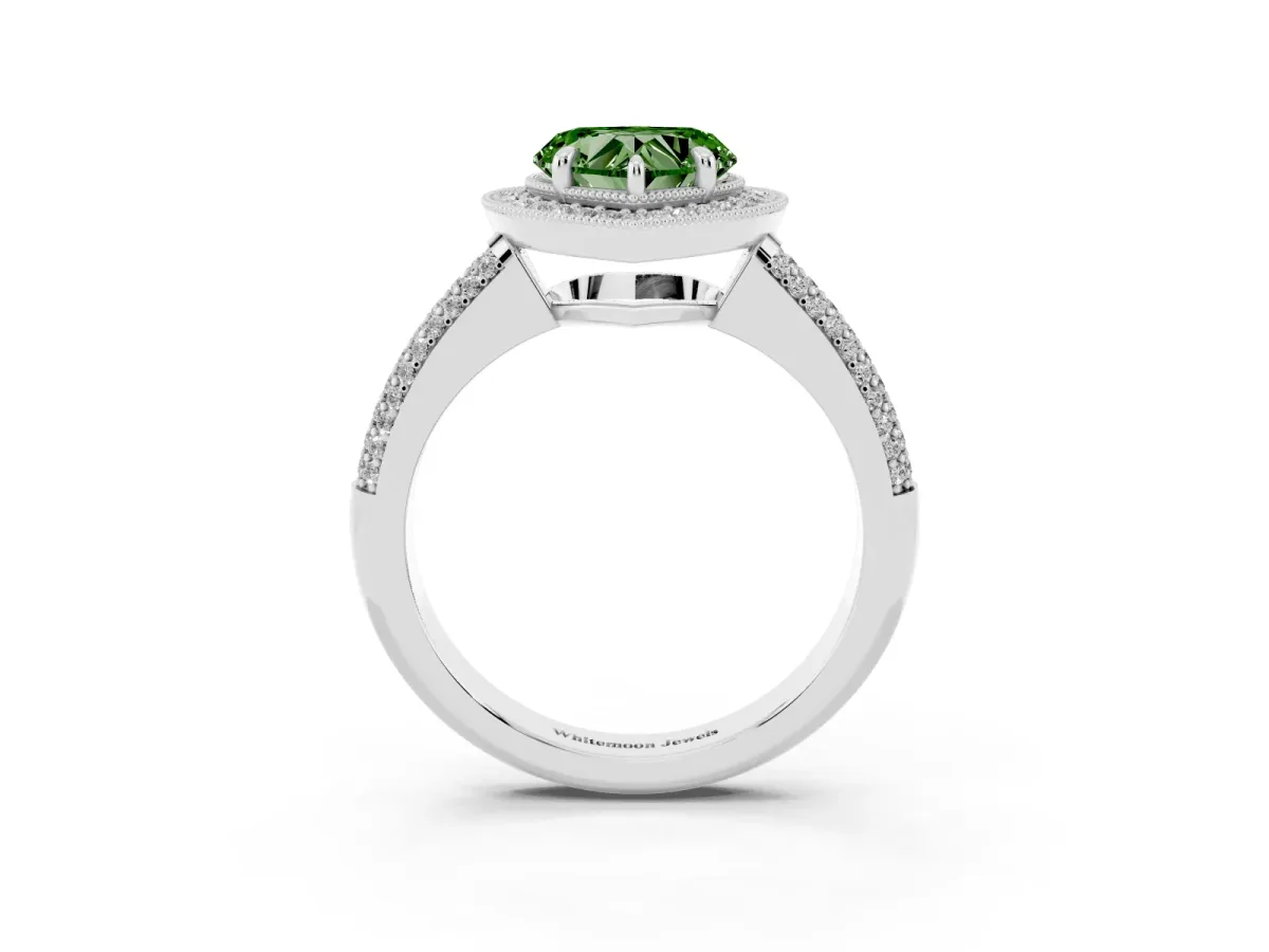 Fancy Green Heart Cut Cut Halo Diamond Pave Band with Four-Prong Setting Platinum