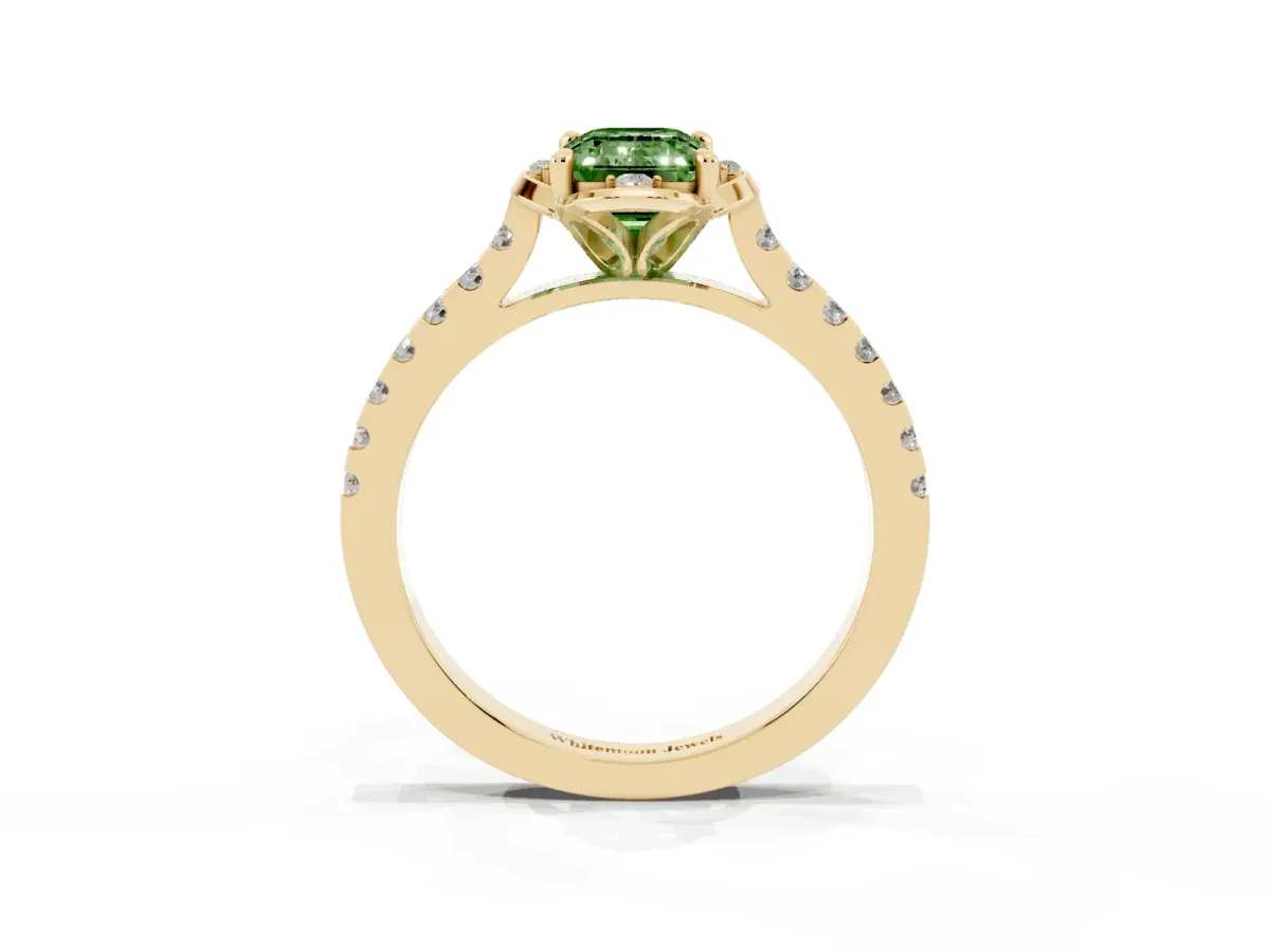 Fancy Green Emerald Cut Diamond Ring with Pavé Band and Floral Prong Setting Yellow gold