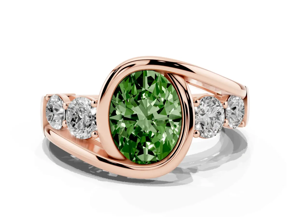Fancy Green Bezel Set Oval Cut Diamond Bypass Ring with Round Accents Rose gold