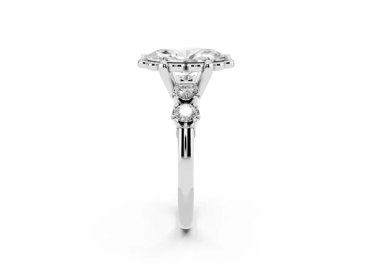 Marquise Cut Cut Diamond Floral Halo Engagement Ring with Shared Prong Setting Silver