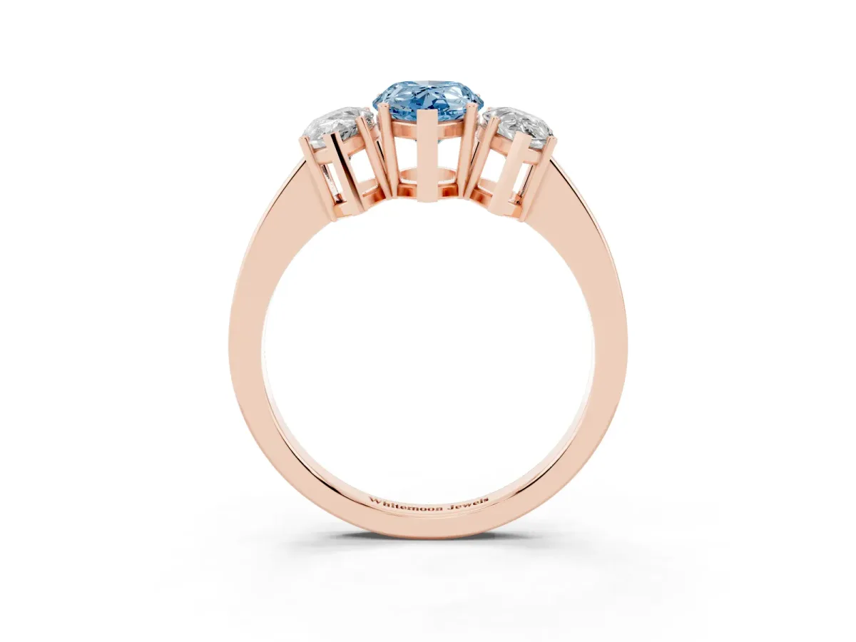Fancy Blue Three-Stone Pear Cut Cut Diamond Engagement Ring with Flat Band and Four-Prong Setting Rose gold