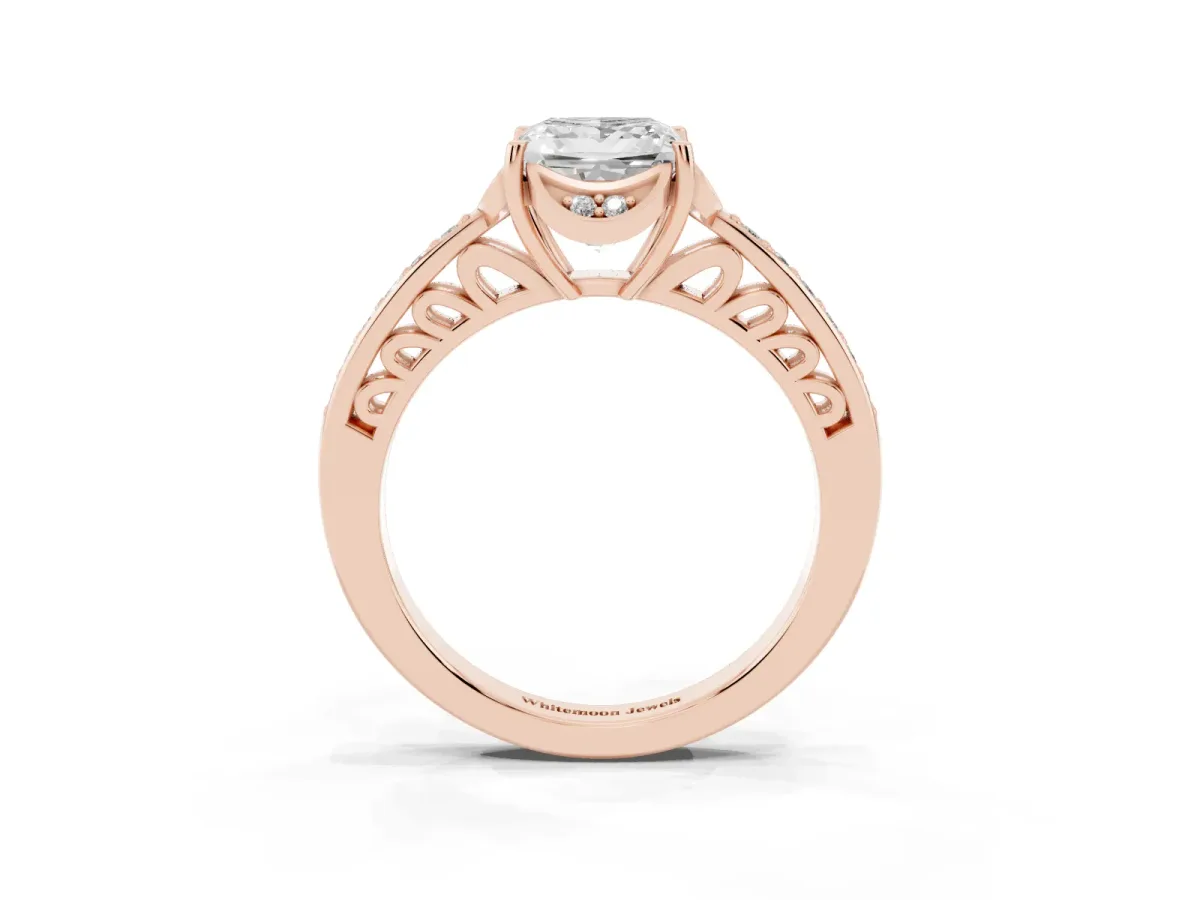 Princess Cut Cut Halo Diamond Ring with Channel Set Band and Four-Prong Setting Rose gold