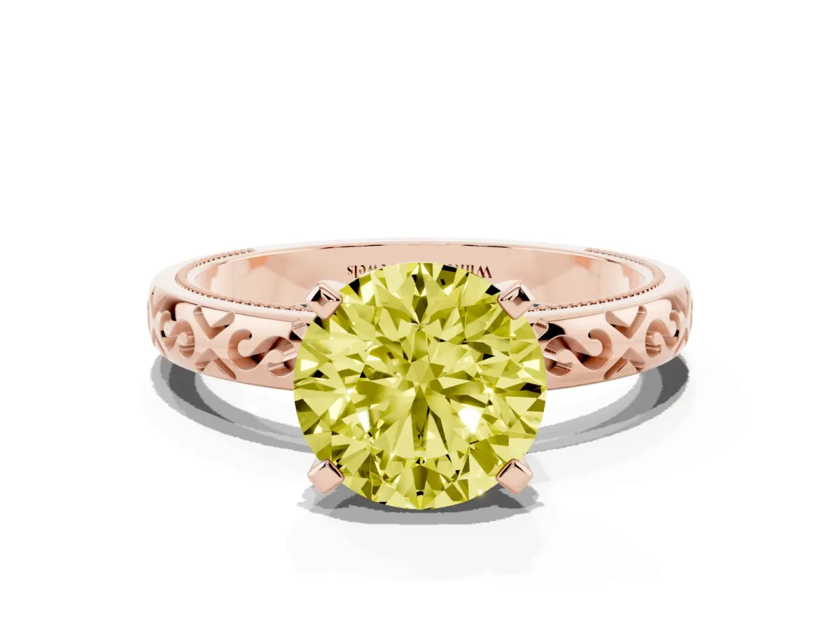 Fancy Yellow Round Cut Solitaire Engagement Ring with Scrollwork Band and Four-Prong Setting Rose gold