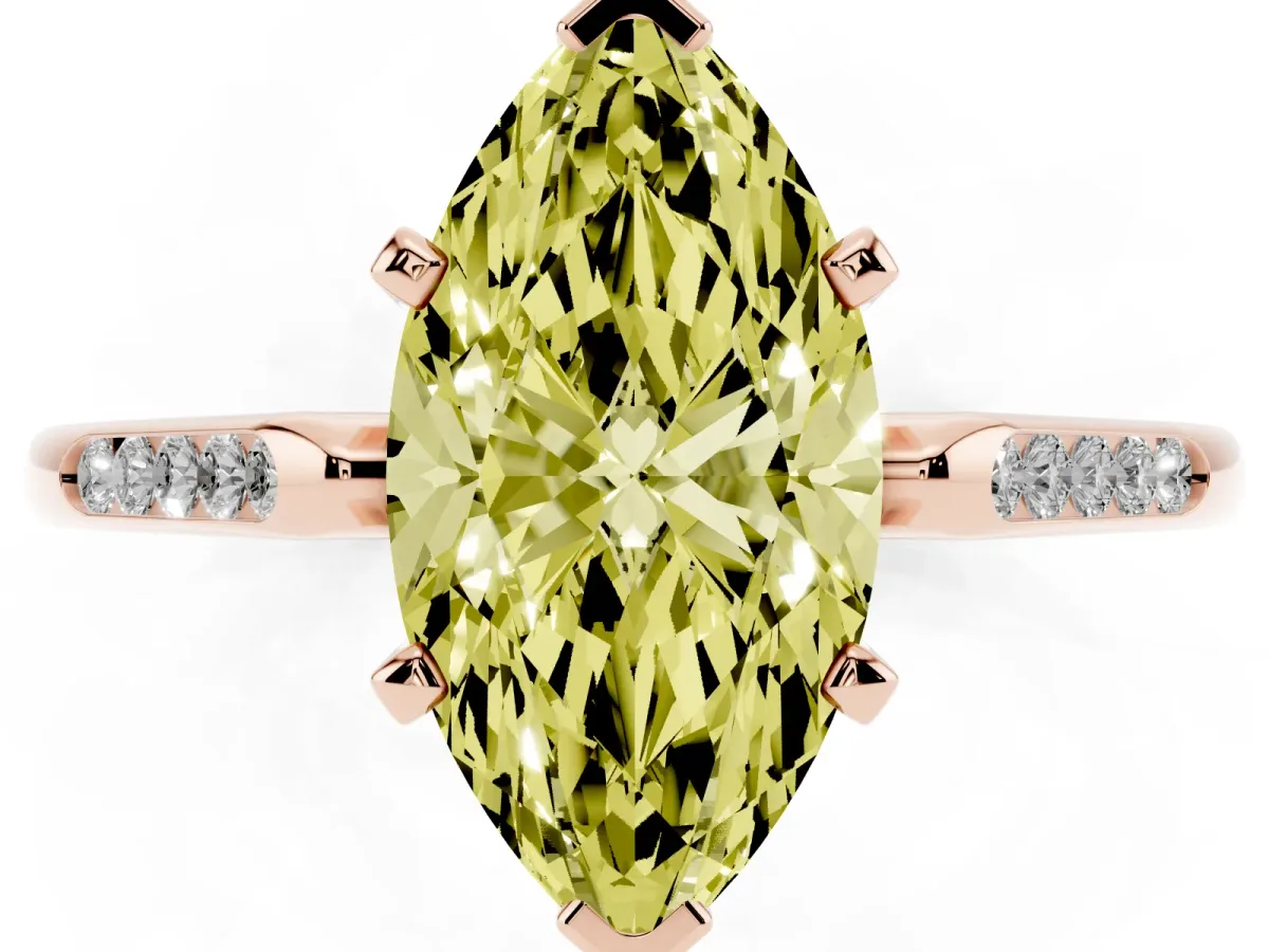 Fancy Yellow Marquise Cut Diamond Solitaire Ring with Channel Set Round Band and Prong Setting Rose gold