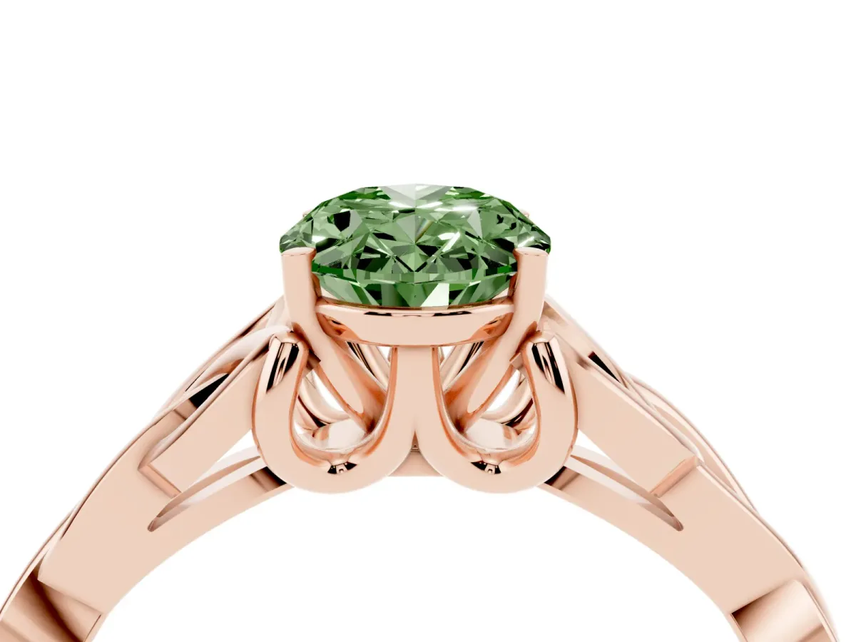 Fancy Green Oval Cut Diamond Solitaire Engagement Ring with Celtic Knot Band and Four-Prong Setting Rose gold