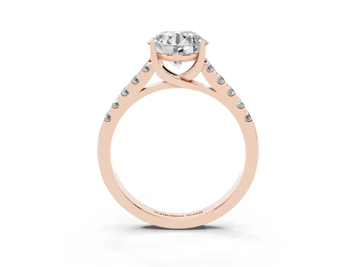 Round Cut Diamond Pavé Band Solitaire Ring with Prong Setting Rose gold