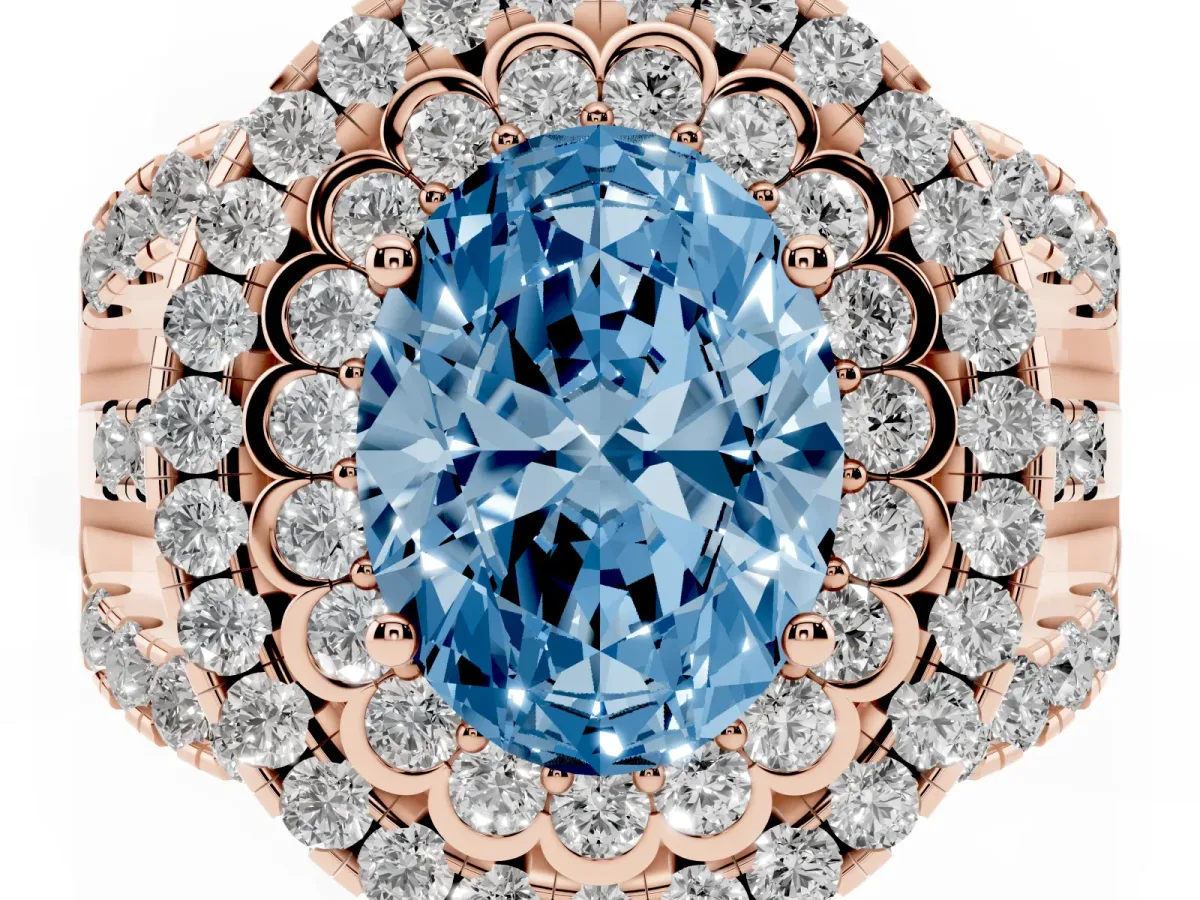 Fancy Blue Oval Cut Diamond Double Halo Ring with Round Pavé Split Shank and Prong Setting Rose gold