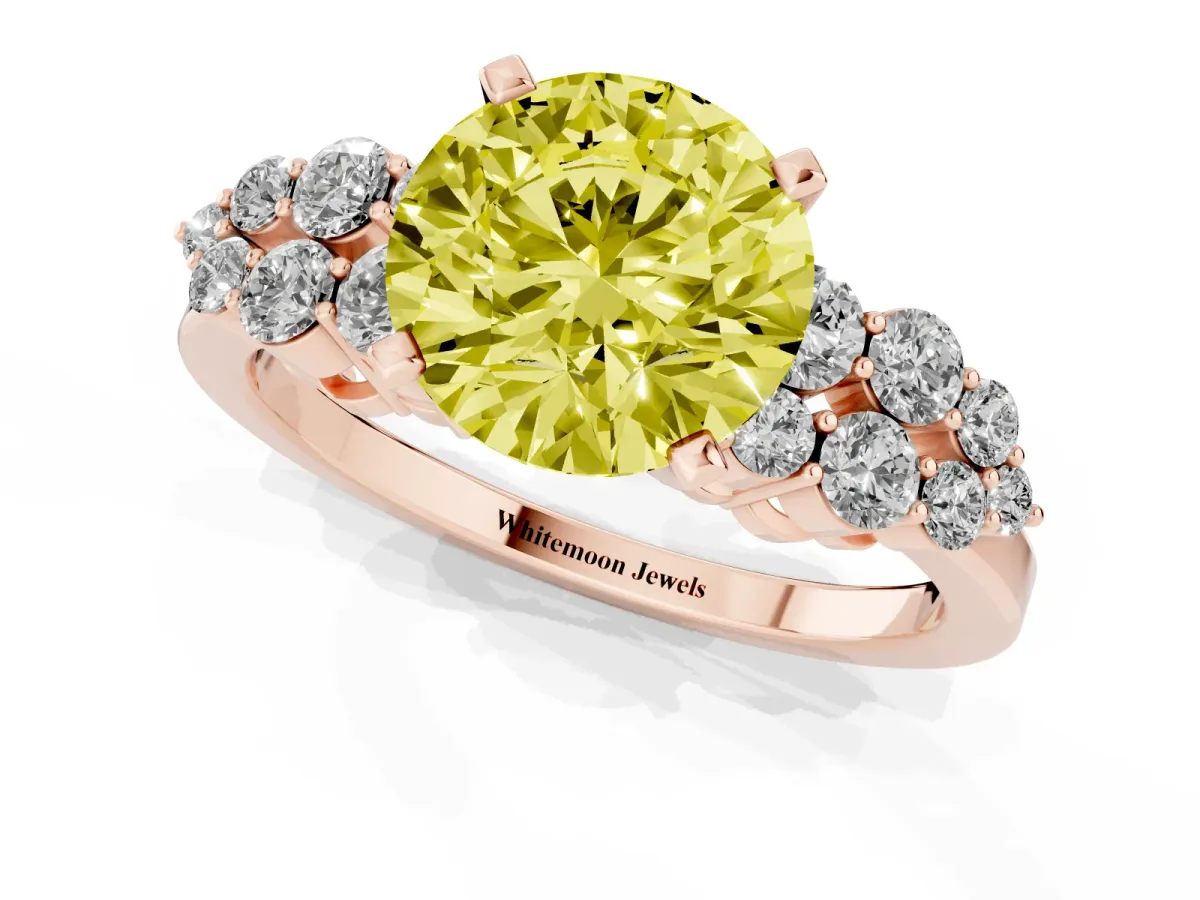 Fancy Yellow Round Cut Cluster Diamond Engagement Ring with Pavé Band and Four-Prong Setting Rose gold
