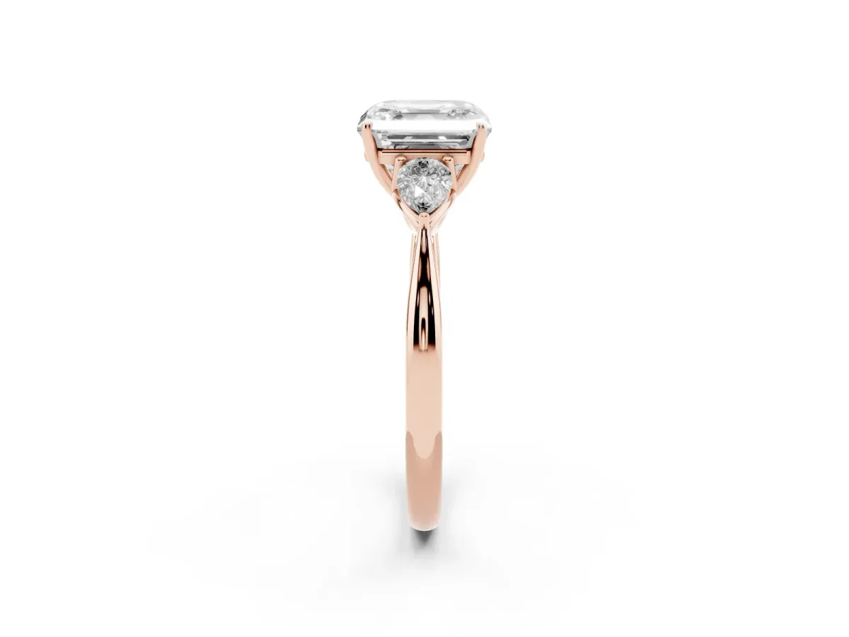 Three-Stone Asscher Cut Brilliant Diamond Solitaire Ring with Tapered Band and Four-Prong Setting Rose gold