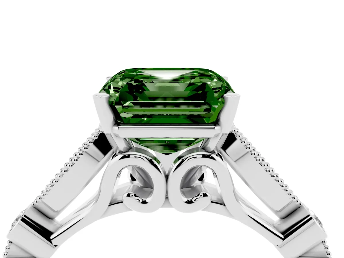 Fancy Green Asscher Cut Cut Diamond with Milgrain Marquise and Bezel Accents on a Solitaire Band with Prong Setting Platinum