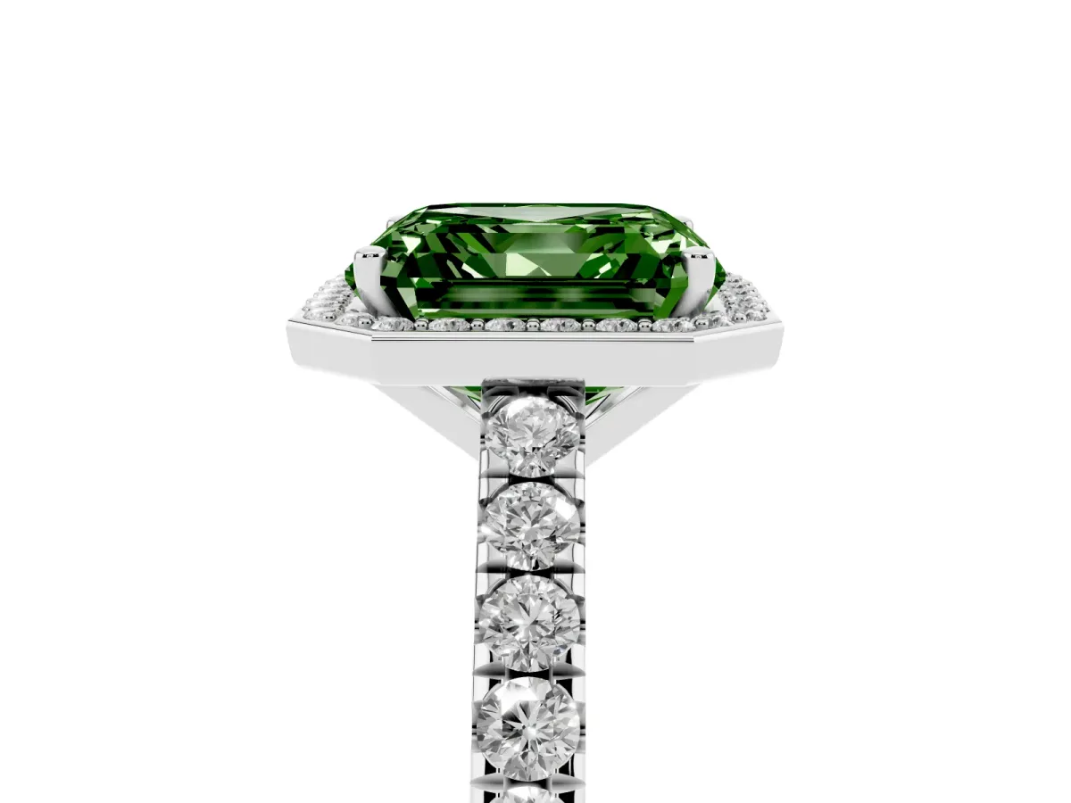 Fancy Green Asscher Cut Cut Halo Diamond Engagement Ring with Pave Band and Four-Prong Setting White gold