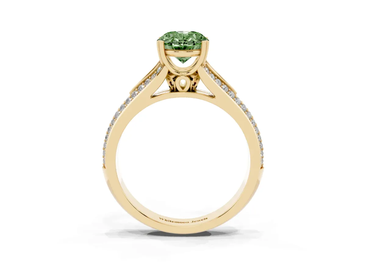Fancy Green Oval Cut Diamond Split Shank Engagement Ring with Pavé Band Yellow gold