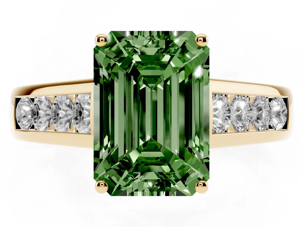 Fancy Green Emerald Cut Solitaire Channel-Set Diamond Engagement Ring with Four-Prong Setting Yellow gold