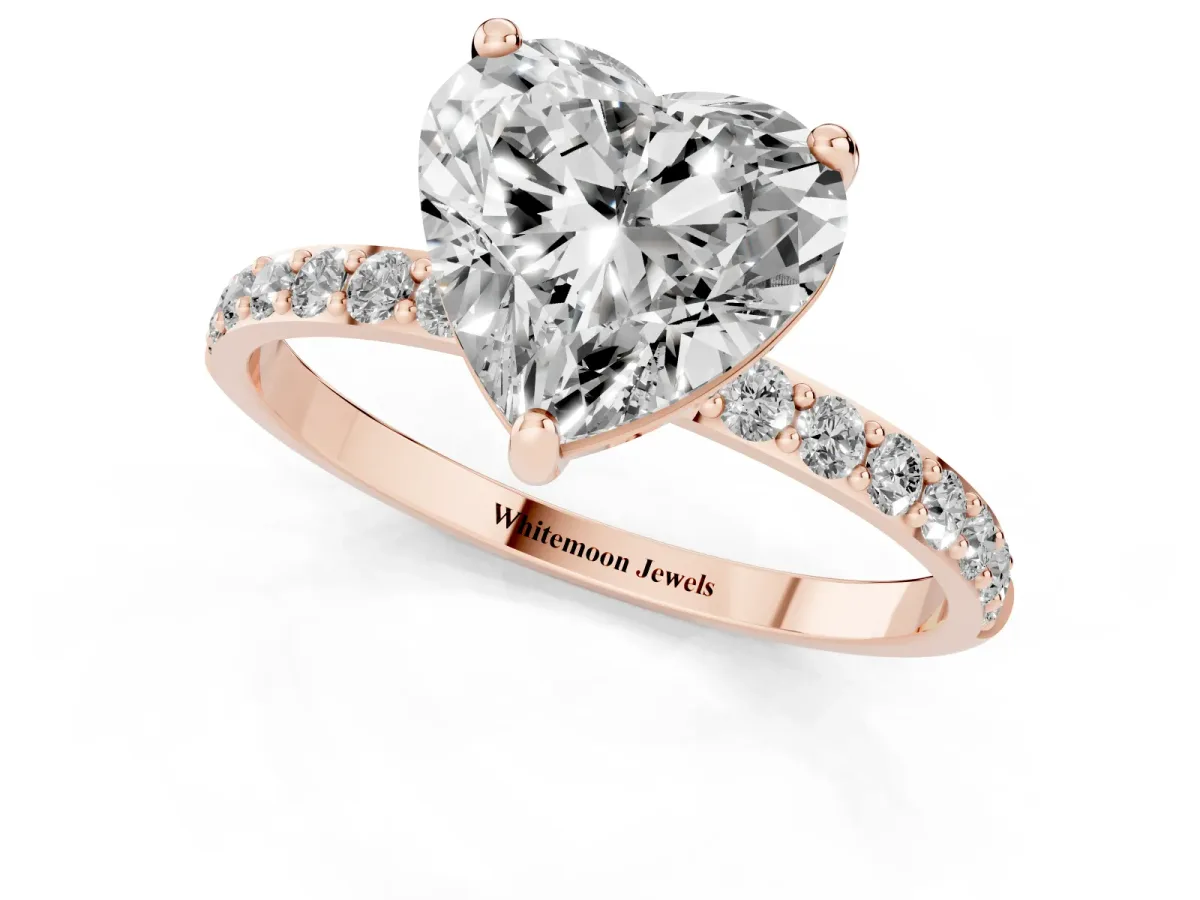 Heart Cut Diamond Solitaire Ring with Round Pavé Band and Prong Setting Rose gold