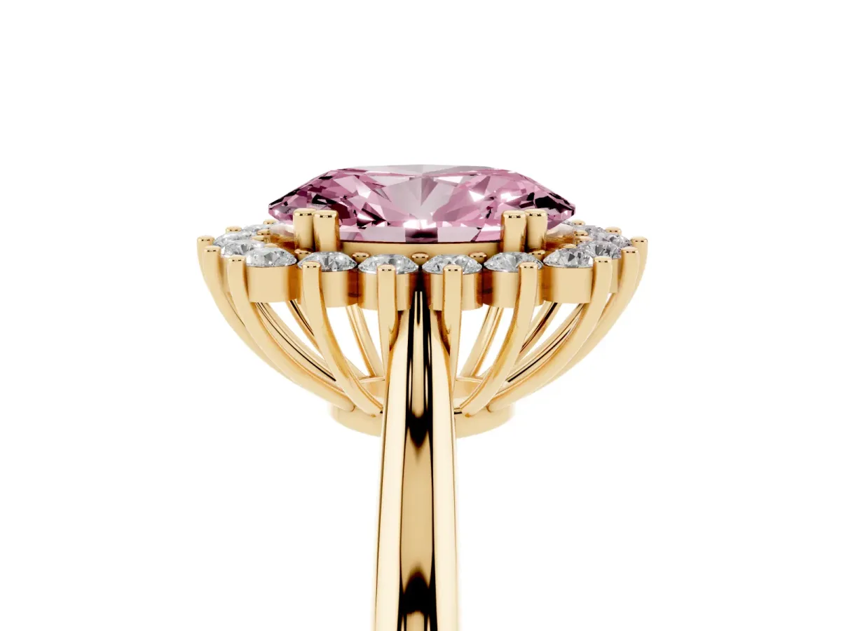 Fancy Pink Oval Cut Cut Diamond Halo Ring with Solitaire Band and Prong Setting Yellow gold