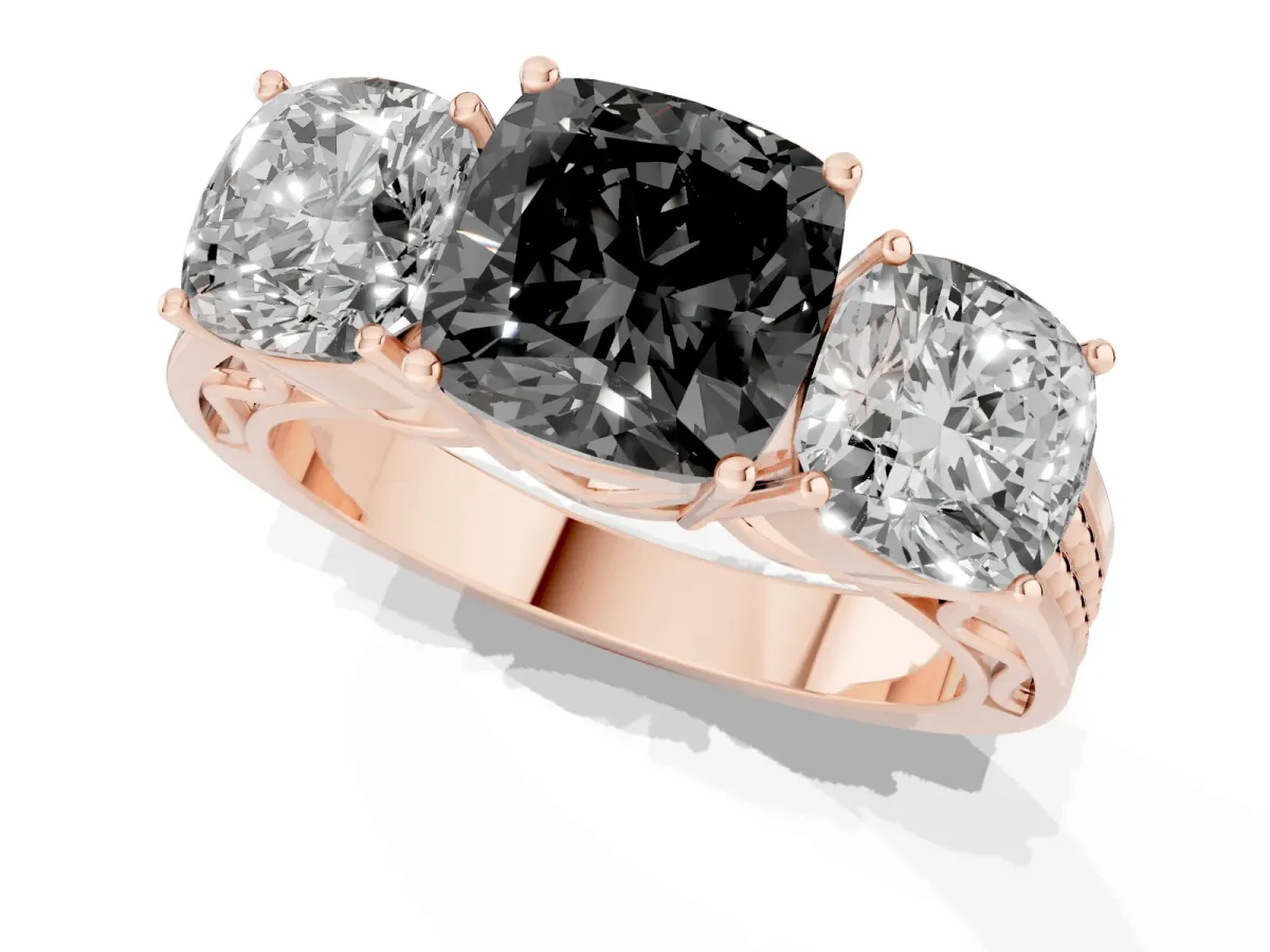 Fancy Black Cushion Cut Diamond Three-Stone Ring with Prong Setting and Textured Band Rose gold