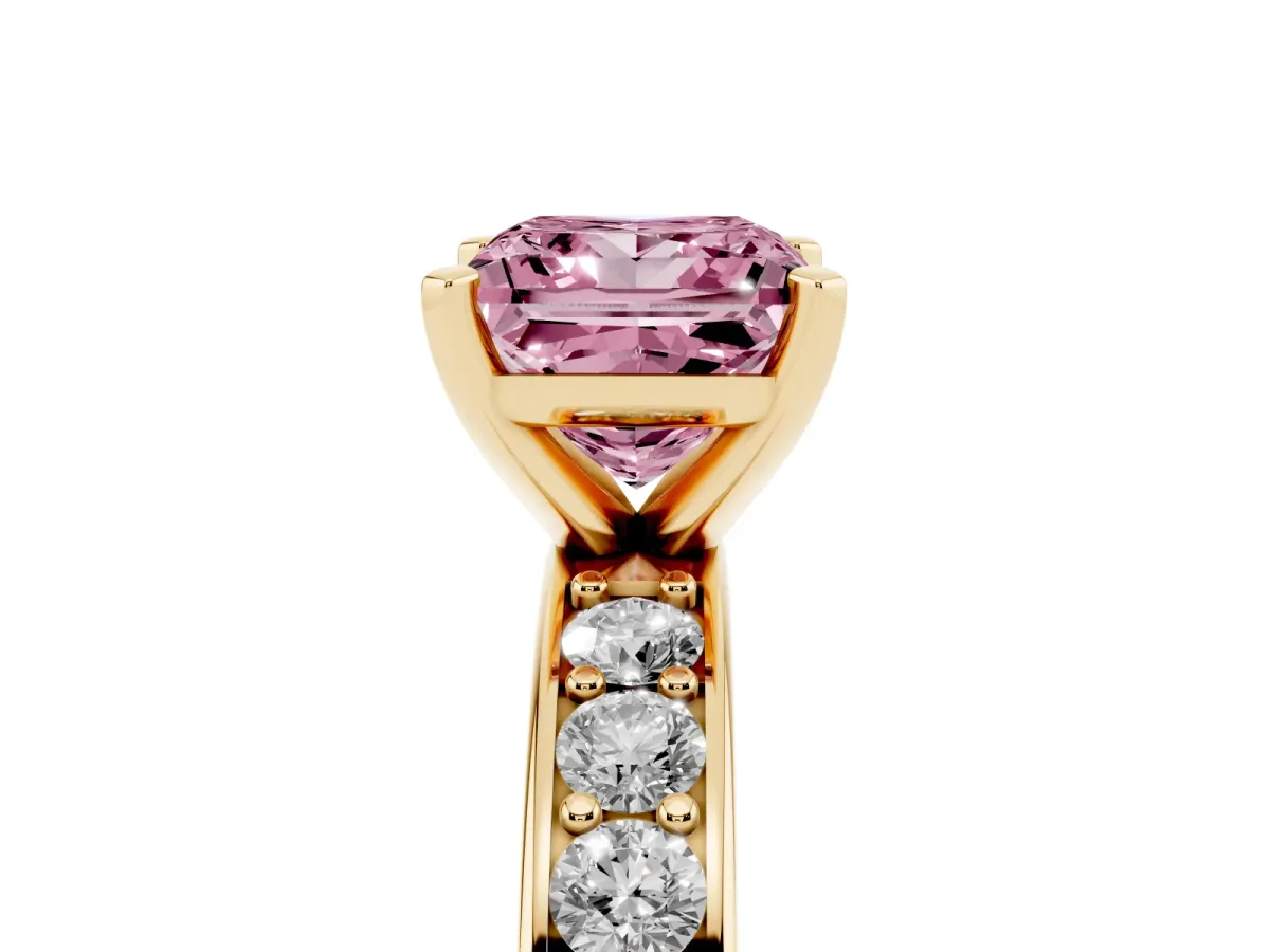 Fancy Pink Princess Cut Diamond Engagement Ring with Channel Set Round Band and Prong Setting Yellow gold